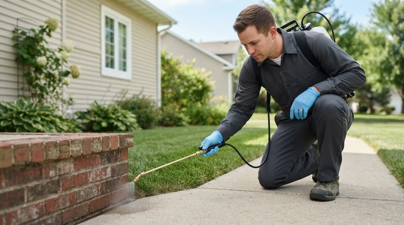 Pest control technician treating a home near Jacksboro, TN