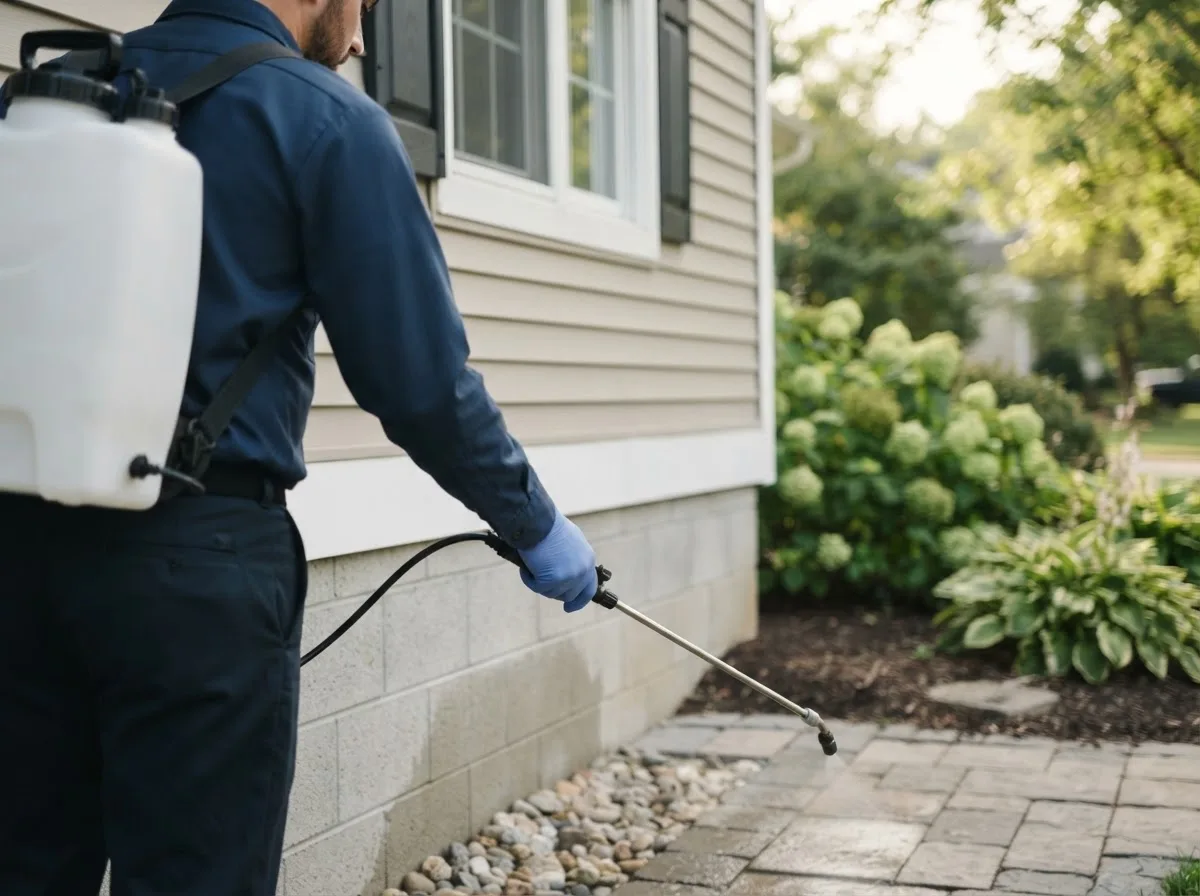 Pest control technician inspecting a home in Jacksboro, TN